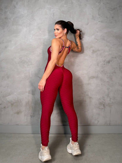 SCRUNCH BOOTY BURGUNDY WAVE AND PINK LEOPARD DETAIL JUMPSUIT, NO RETURN