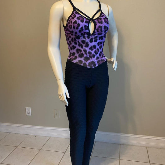 SCRUNCH BOOTY BLACK WAVE AND PURPLE LEOPARD DETAIL JUMPSUIT - NO RETURN