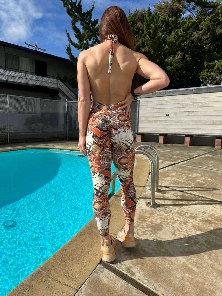 SCRUNCH BOOTY BROWN SNAKE AND FRONT DETAIL JUMPSUIT, NO RETURN