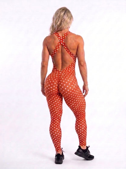 SCRUNCH BOOTY RED POLK DOTS FRONT DETAIL LONG JUMPSUIT - NO RETURN