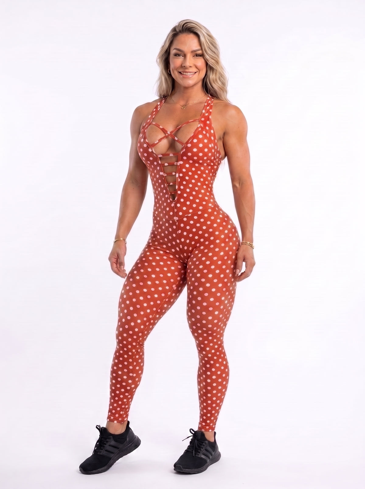 SCRUNCH BOOTY RED POLK DOTS FRONT DETAIL LONG JUMPSUIT - NO RETURN
