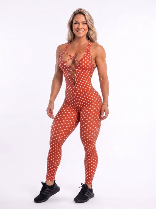 SCRUNCH BOOTY RED POLK DOTS FRONT DETAIL LONG JUMPSUIT - NO RETURN