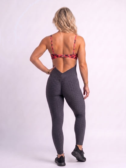 SCRUNCH BOOTY GRAY AND RED LEOPARD RINGS JUMPSUIT