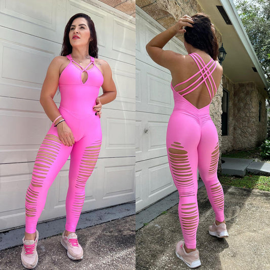 SCRUNCH BOOTY LIGHT PINK RIPPED JUMPSUIT