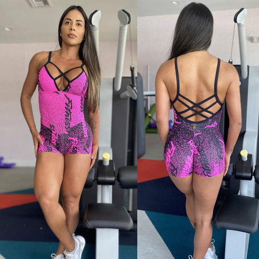 SCRUNCH BOOTY PINK AND BLACK FITNESS SHORTS JUMPSUIT - NO RETURN