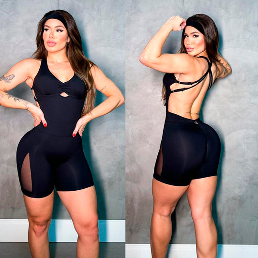 SCRUNCH BOOTY BLACK AND MASH DETAIL SHORT JUMPSUIT