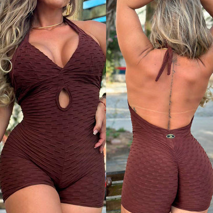 SCRUNCH BOOTY BROWN WAVE SEXY BACK SHORT JUMPSUIT