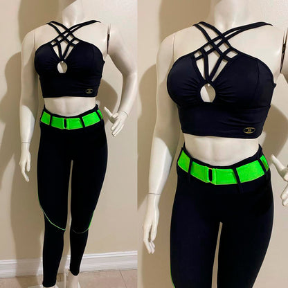 IRISFITNESS BLACK LEGGING GREEN DETAIL AND TOP  SET NO RETURN