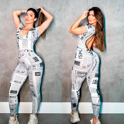 SCRUNCH BOOTY BLACK AND WHITE NEWSPAPER JUMPSUIT