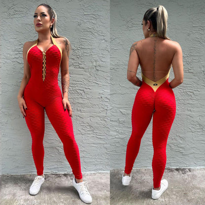 SCRUNCH BOOTY RED AND GOLD WAVE LONG JUMPSUIT