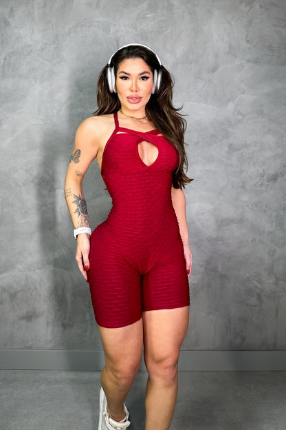 SCRUNCH BOOTY BURGUNDY SHORTS JUMPSUIT