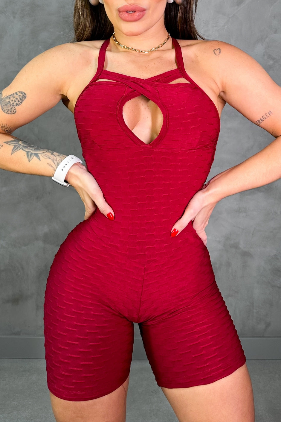 SCRUNCH BOOTY BURGUNDY SHORTS JUMPSUIT