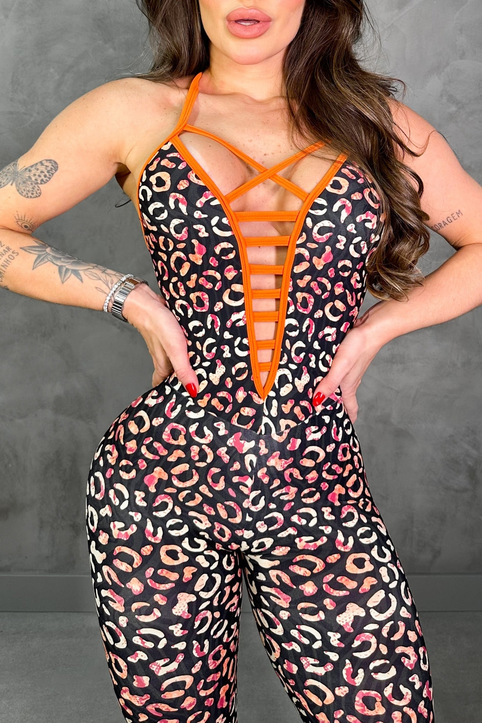 SCRUNCH BOOTY COLORFULL LEOPARD FRONT DETAIL JUMPSUIT