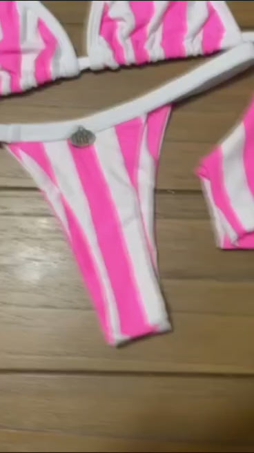 STRIPED PINK AND WITE THONG BIKINI SET - 3 PARTS  (NO RETURN)