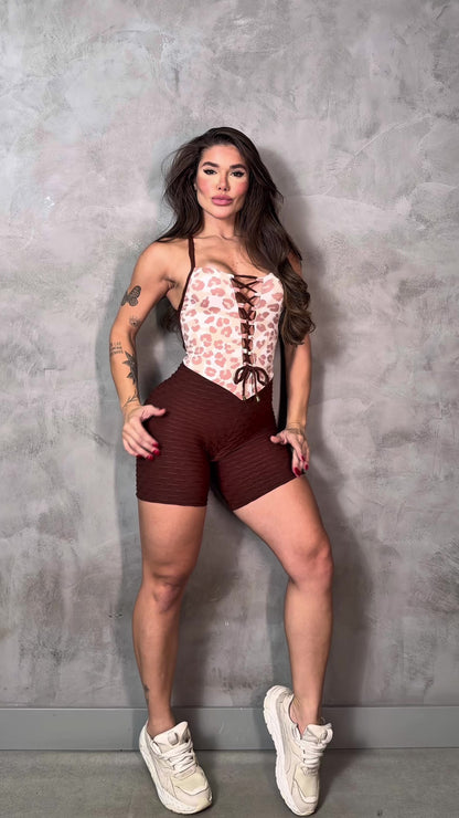 SCRUNCH BOOTY BROWN AND PRINT ROSE SHORT JUMPSUIT