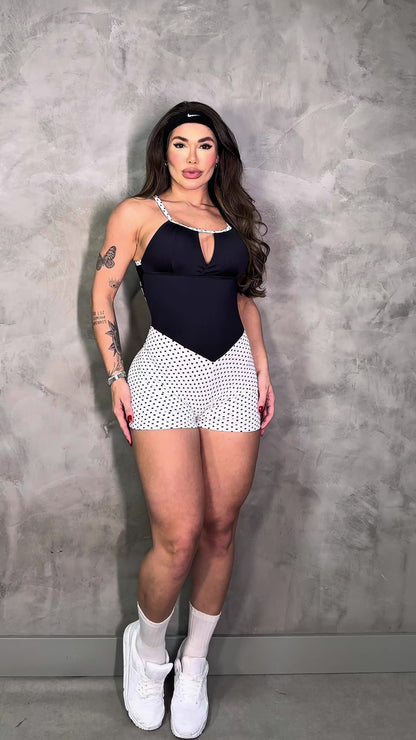SCRUNCH BOOTY WHITE POLK DOTS AND BLACK SHORTS JUMPSUIT