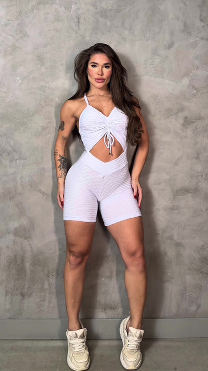SCRUNCH BOOTY WHITE WAVE AND FRONT DETAIL SHORT JUMPSUIT