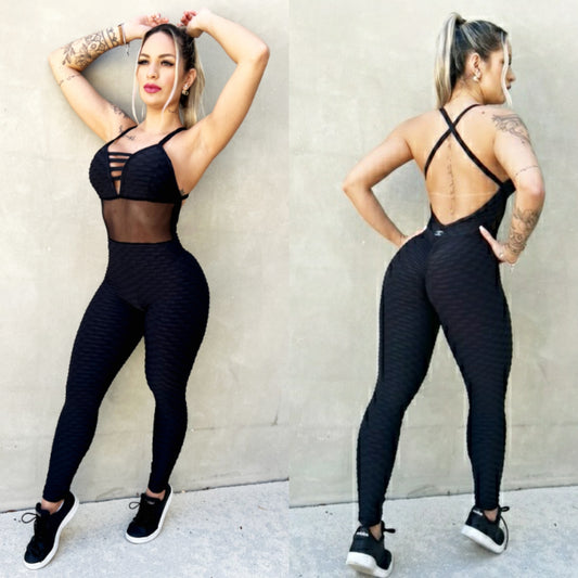 SCRUNCH BOOTY MESH TEXTURE WAVE BLACK JUMPSUIT