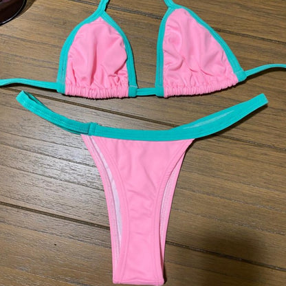 LIGHT PINK GREEN DETAIL THONG BIKINI - NO RETURN