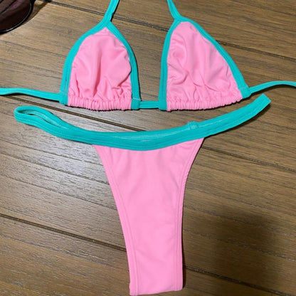 LIGHT PINK GREEN DETAIL THONG BIKINI - NO RETURN