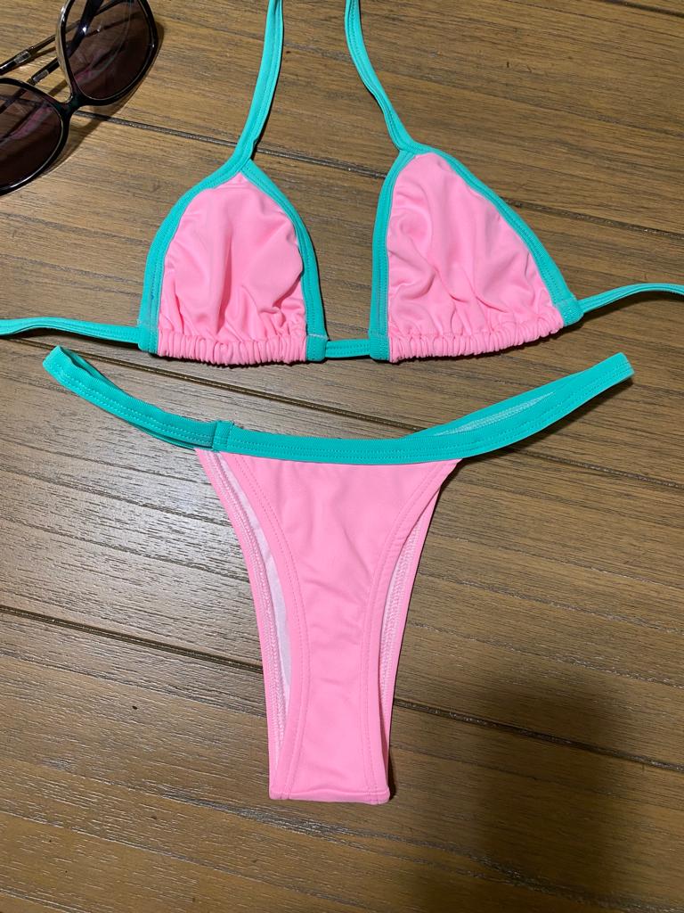 LIGHT PINK GREEN DETAIL THONG BIKINI - NO RETURN