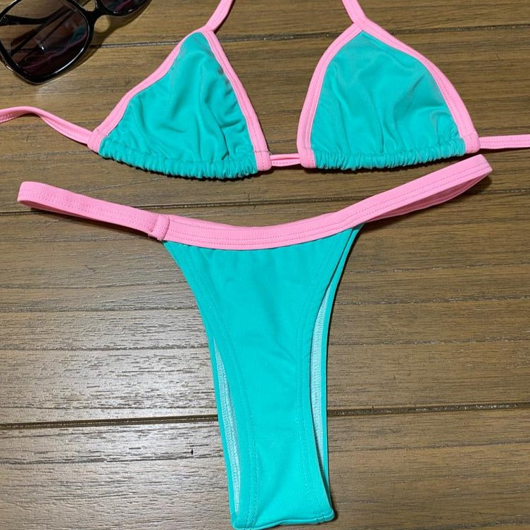 LIGHT GREEN AND DETAIL PINK THONG BIKINI - NO RETURN