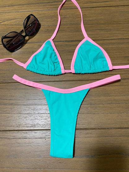 LIGHT GREEN AND DETAIL PINK THONG BIKINI - NO RETURN